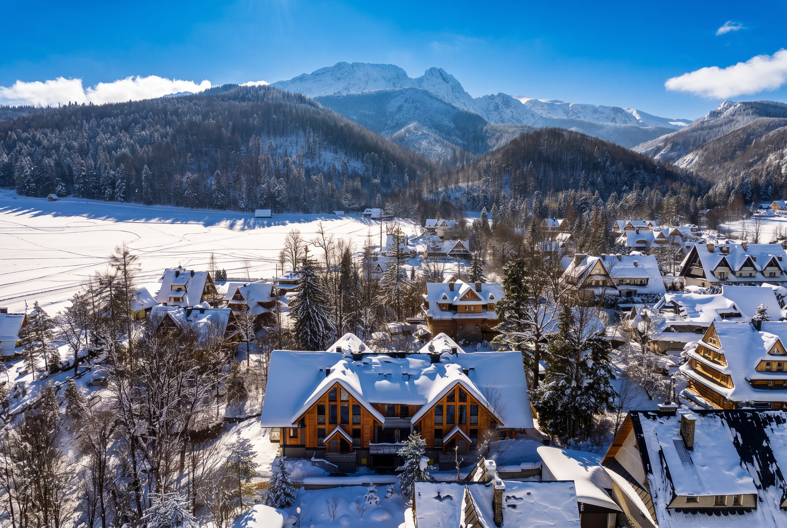 Apartamenty Strążyska zimą, widok na Giewont